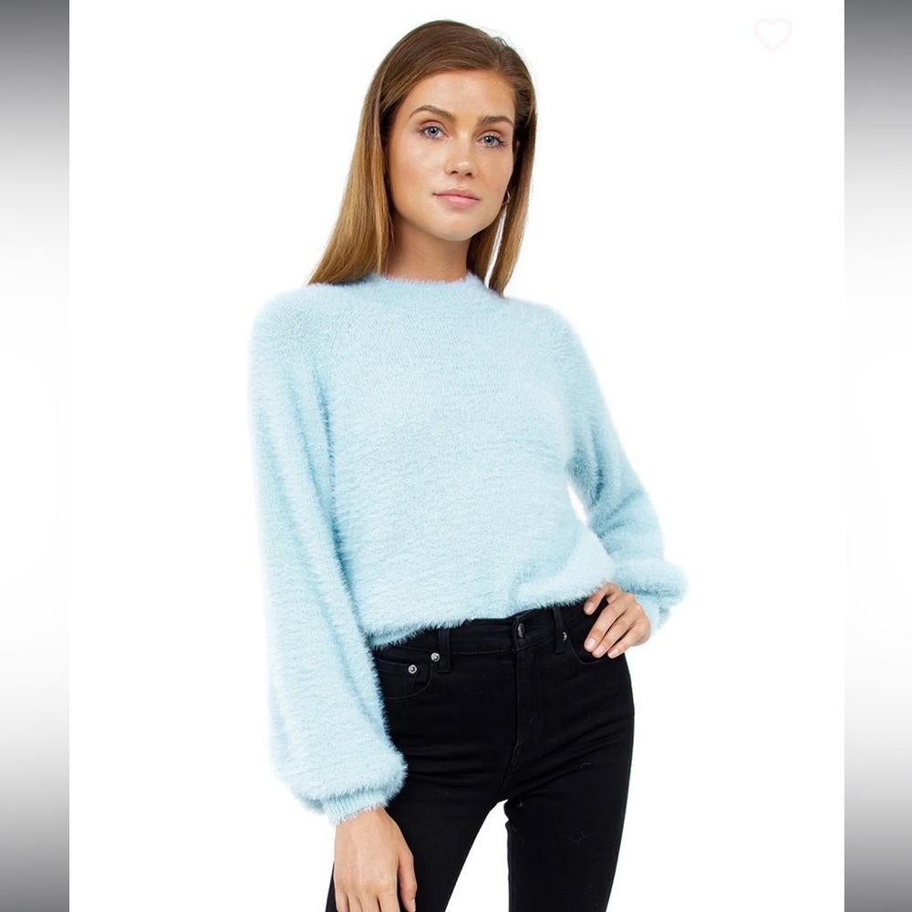 Preloved Bardot Belle Sleeve Fluffy Knit Sweater in Dusty Blue Small Mock Neck